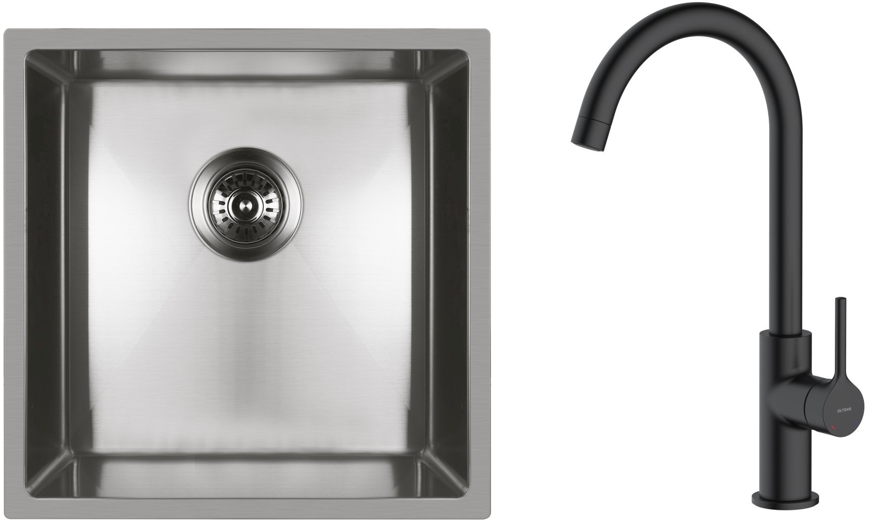 Zestaw Oltens Stalvask zlewozmywak stalowy 44x44 cm z baterią kuchenną Skafta stal polerowana/czarny mat (71100100, 35206300) - Wysyłka w 24h
