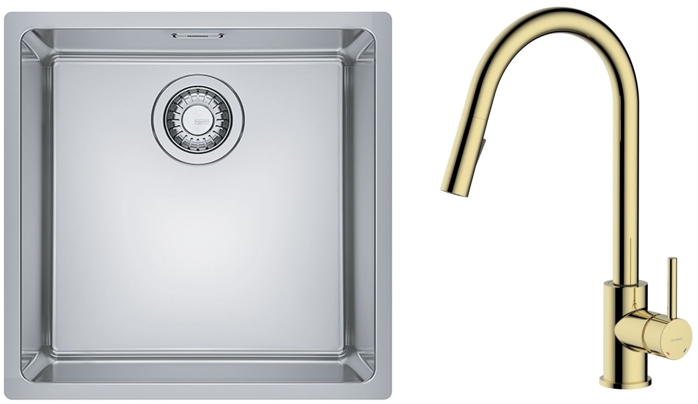 Zestaw Franke Maris MRX 110-40 zlewozmywak 40x40 cm z baterią kuchenną Oltens Litla stal szczotkowana/złoty połysk (1220543995, ...