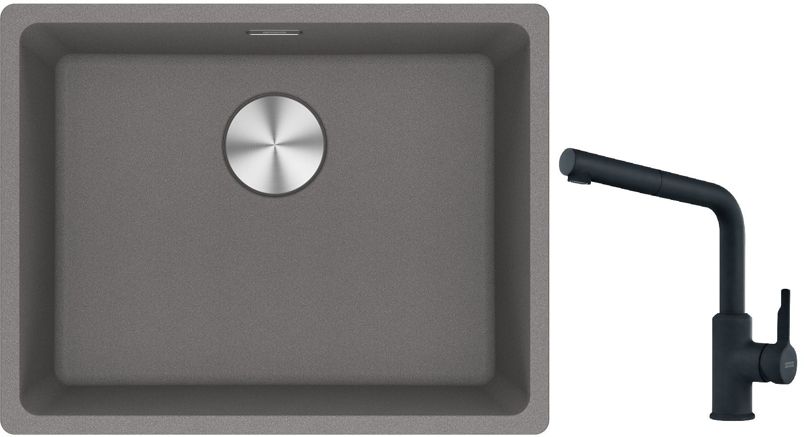 Franke Maris MRG 110-52 zlewozmywak 55x43 cm Fragranite kamienny szary z baterią kuchenną Urban czarny mat (1250687254, 1150627523)
