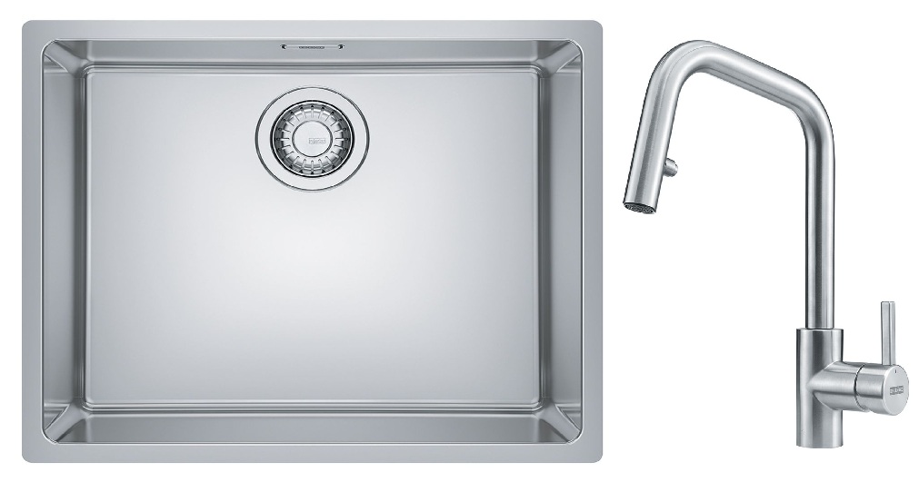 Zestaw Franke Maris zlewozmywak stalowy 50x40 cm z baterią kuchenną Kubus Pull-Out jedwab/stal (1220543996, 1150529207) - Wysyłka w 24h