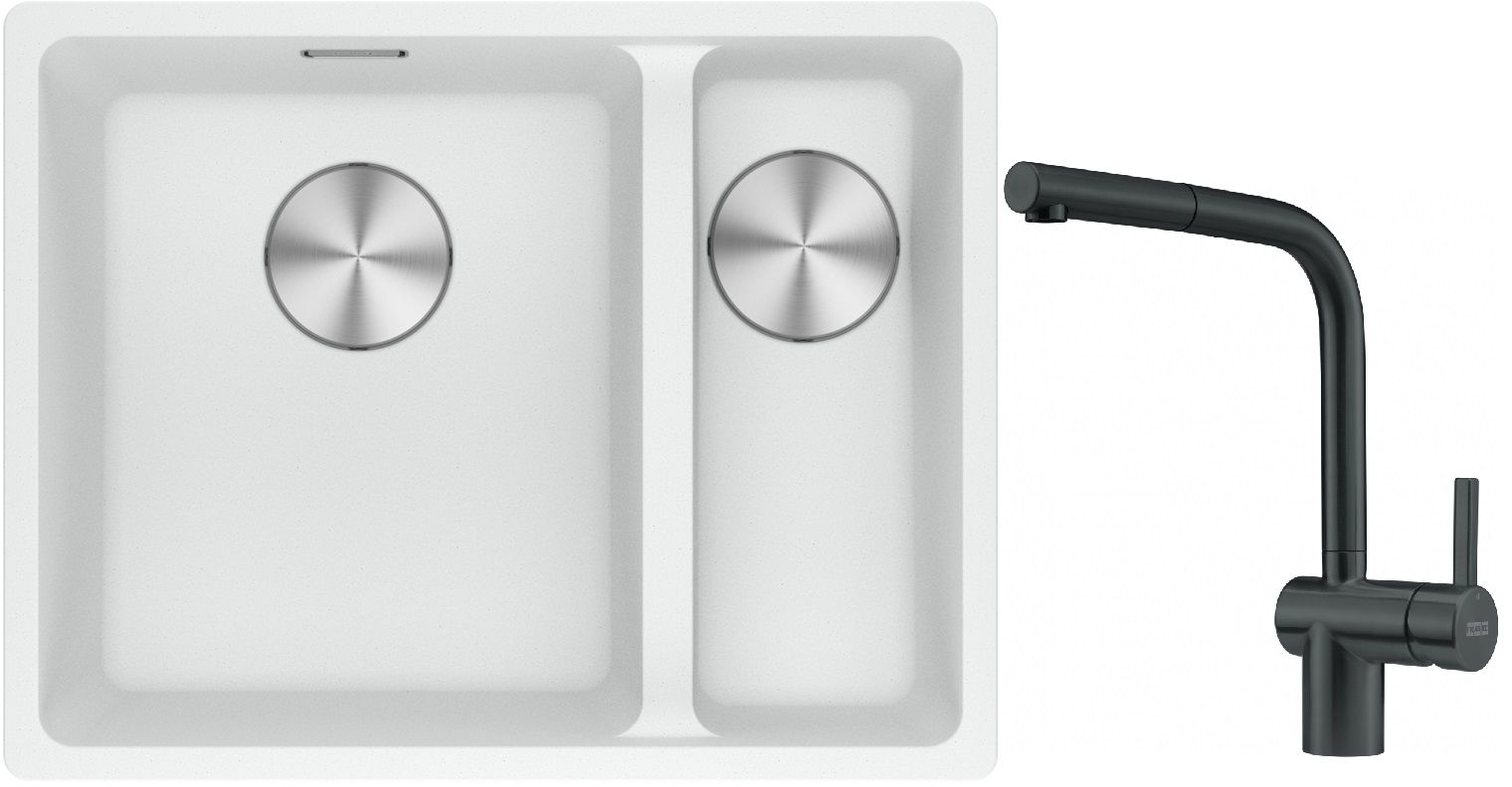 Franke Maris MRG 160-34-15SBR zlewozmywak 52x40 cm Fragranite biały polarny z baterią kuchenną Atlas czarna stal szlachetna (1250687267, ...