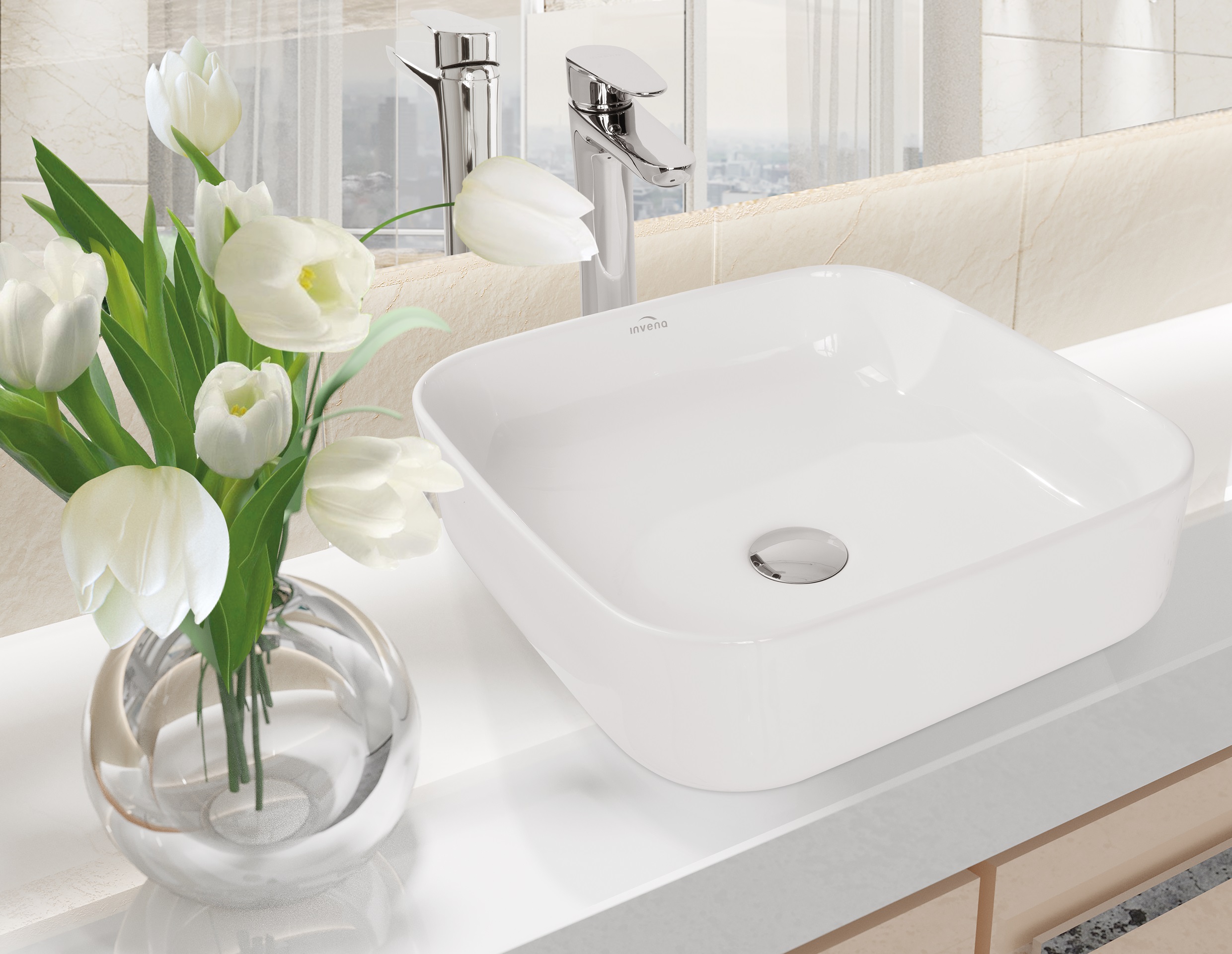 Invena Malaga umywalka 39 cm nablatowa kwadratowa biała CE-39-001