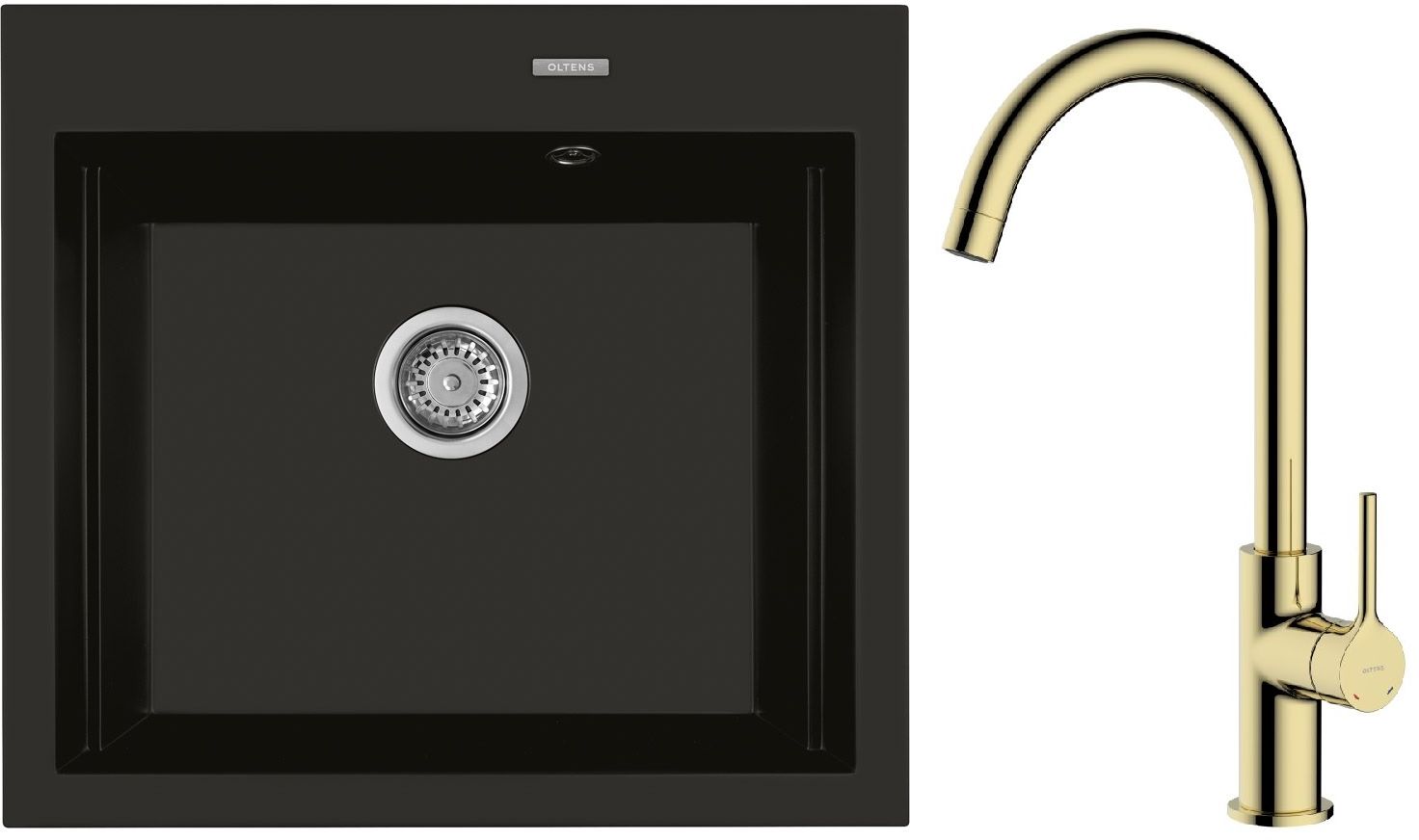 Zestaw Oltens Gravan zlewozmywak granitowy 1-komorowy 57x51,5 cm z baterią kuchenną Skafta czarny mat/złoty połysk (72000300, 35206800) - Wysyłka w 