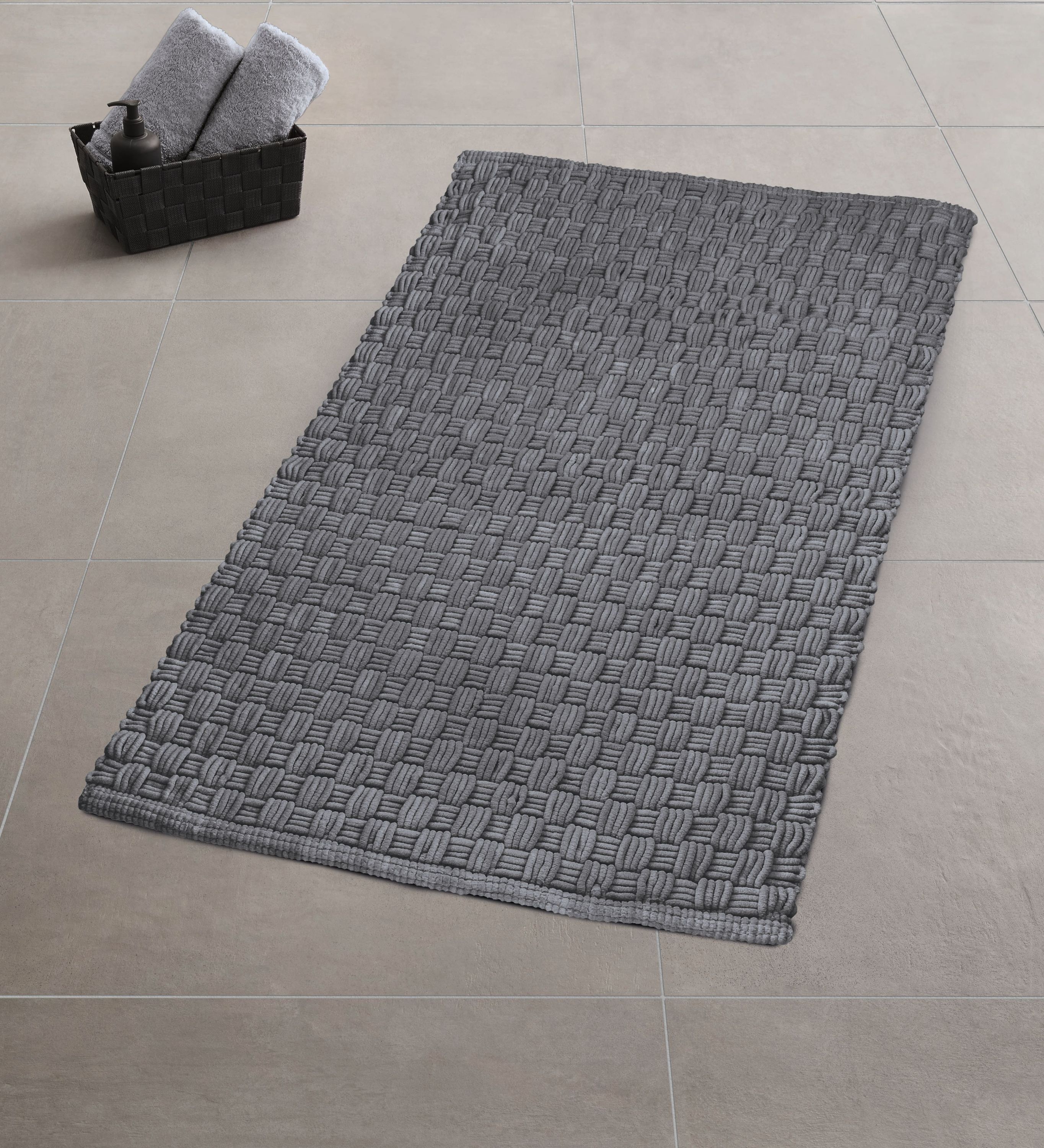 Kleine Wolke Matino dywanik łazienkowy 100x60 cm prostokątny ciemny szary nić szenilowa 9193905360