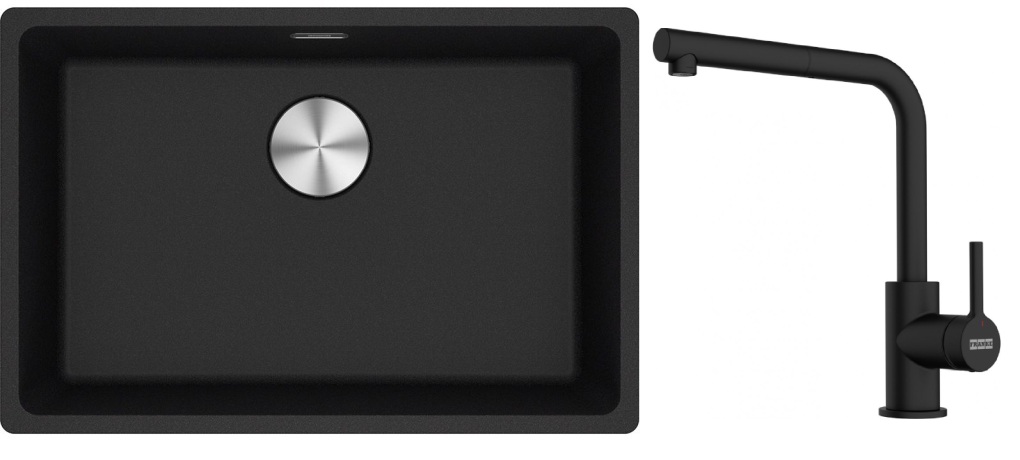Franke Maris MRG 110-62 zlewozmywak 62x40 cm Fragranite onyx z baterią kuchenną Lina czarny mat (1250687257, 1150712435)