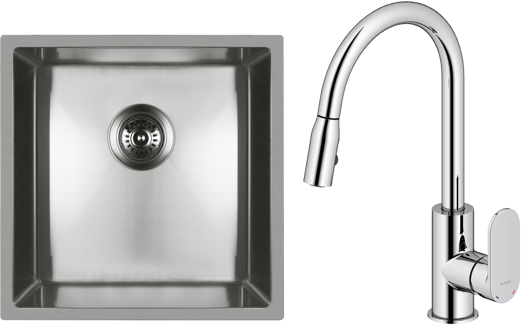 Zestaw Oltens Stalvask zlewozmywak stalowy 44x44 cm z baterią kuchenną Lista stal polerowana/chrom (71100100, 35202100) - Wysyłka w 24h