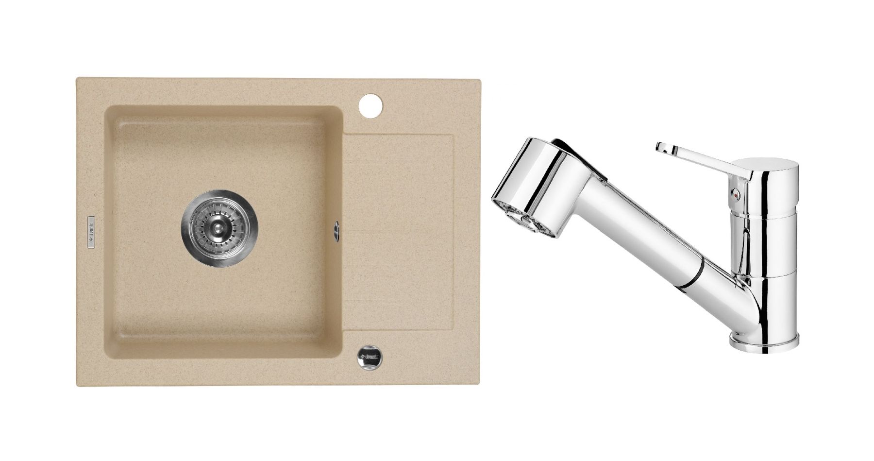 Zestaw Deante Zorba zlewozmywak granitowy piaskowy z baterią kuchenną Narcyz chrom (ZQZ711A, BDN071M)