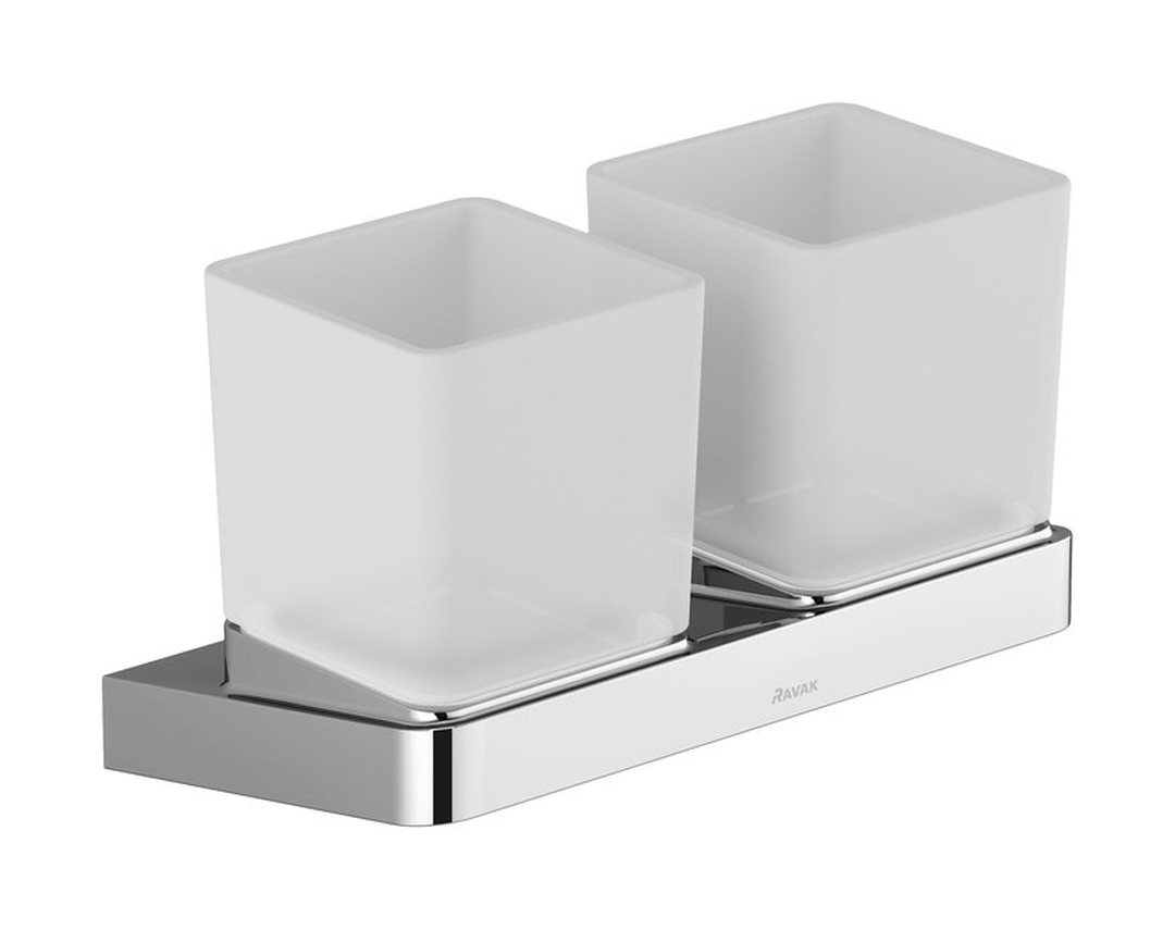 Ravak 10° TD 220 kubek do mycia zębów podwójny z uchwytem ściennym szkło matowe/chrom X07P322