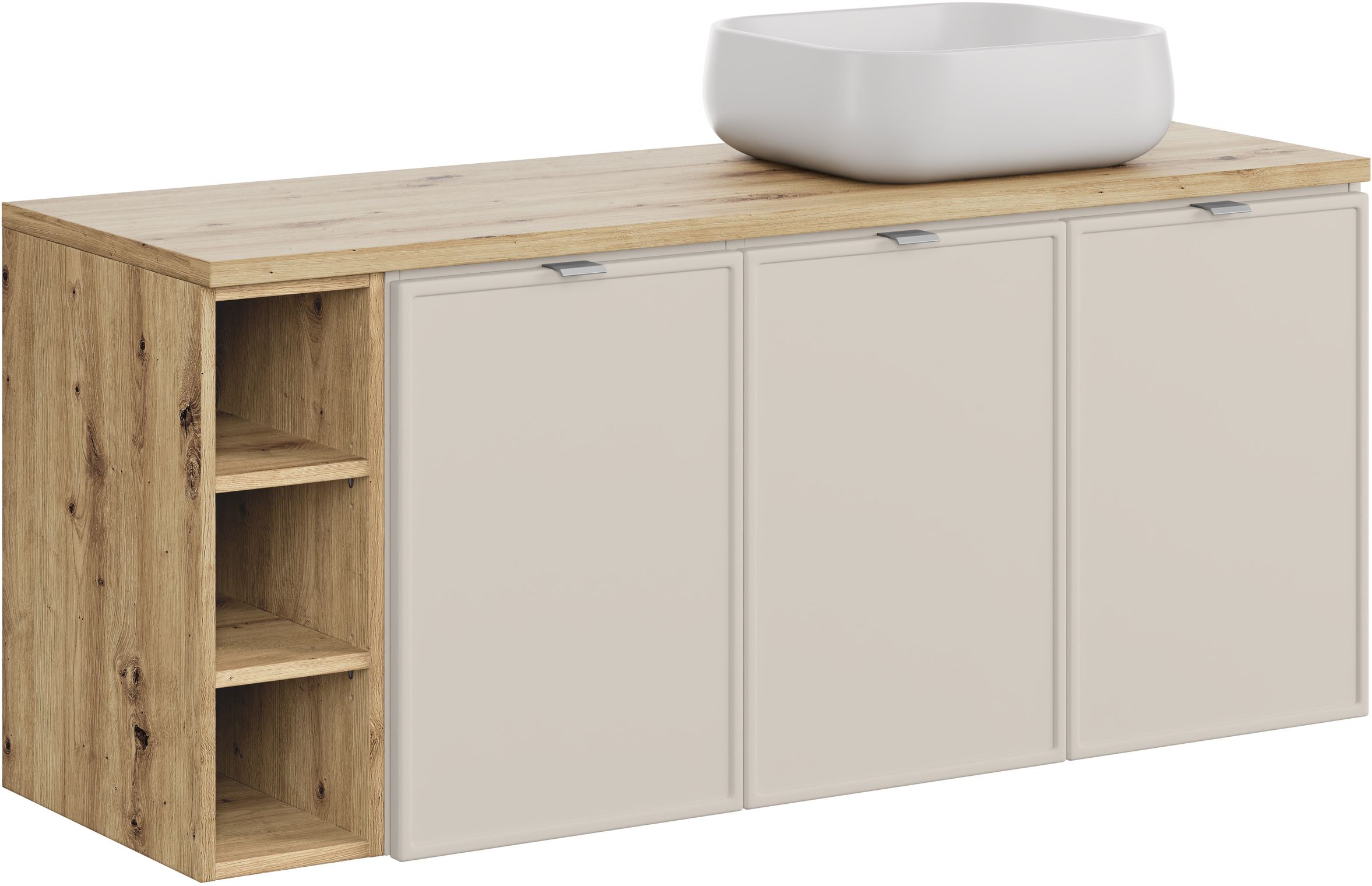 Zestaw Comad Bella Cashmere szafka 140 cm podumywalkowa wisząca kaszmir z blatem dąb i umywalką SET-BC B ARTISAN 140CM UN NIKA WH