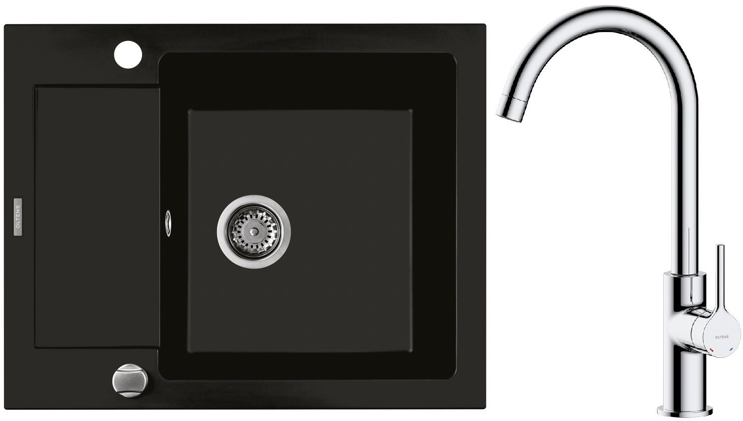 Zestaw Oltens Gravan zlewozmywak granitowy 1-komorowy 62x50 cm z baterią kuchenną Skafta czarny mat/chrom (72102300, 35206100) - Wysyłka w 24h