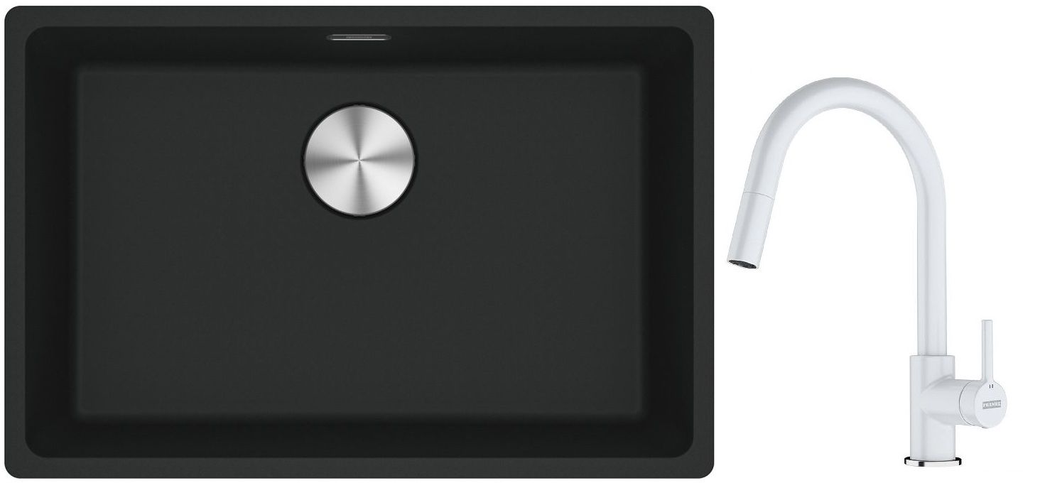 Franke Maris MRG 110-62 zlewozmywak 62x40 cm Fragranite czarny mat z baterią kuchenną Lina biały polarny (1250687256, 1150626081)