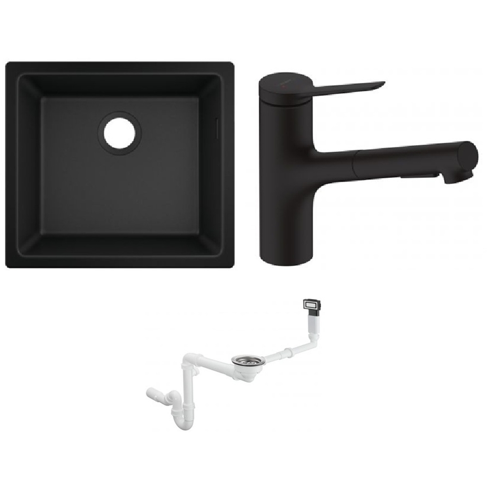 Zestaw Hansgrohe S510-U450 zlewozmywak granitowy czarny grafit z baterią Zesis M33 i syfon (43431170, 74800670, 43927000)