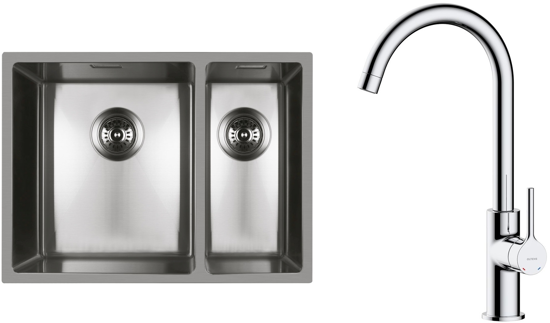 Zestaw Oltens Stalvask zlewozmywak stalowy 58x44 cm z baterią kuchenną Skafta stal polerowana/chrom (71200100, 35206100) - Wysyłka w 24h