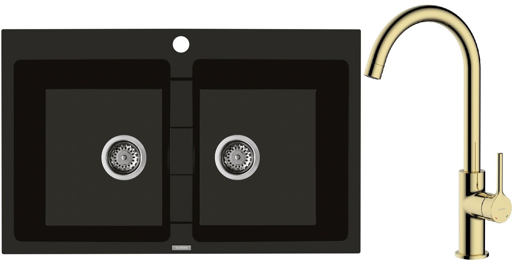 Zestaw Oltens Gravan zlewozmywak granitowy 2-komorowy 78x50 cm z baterią kuchenną Skafta czarny mat/złoty połysk (72400300, 35206800)