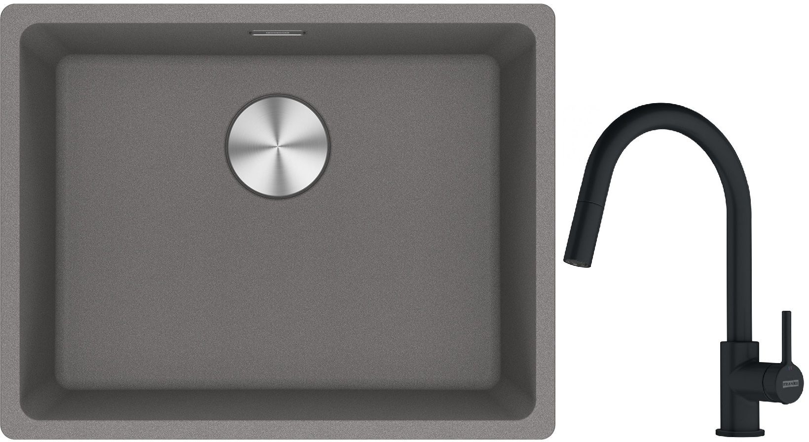 Franke Maris MRG 110-52 zlewozmywak 55x43 cm Fragranite kamienny szary z baterią kuchenną Lina czarny mat (1250687254, 1150626053)