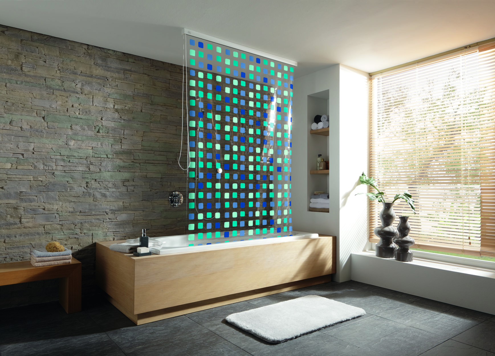 Kleine Wolke Duschrollo roleta prysznicowa 128x240 cm winylowa niebieskie kwadraty 3321721747