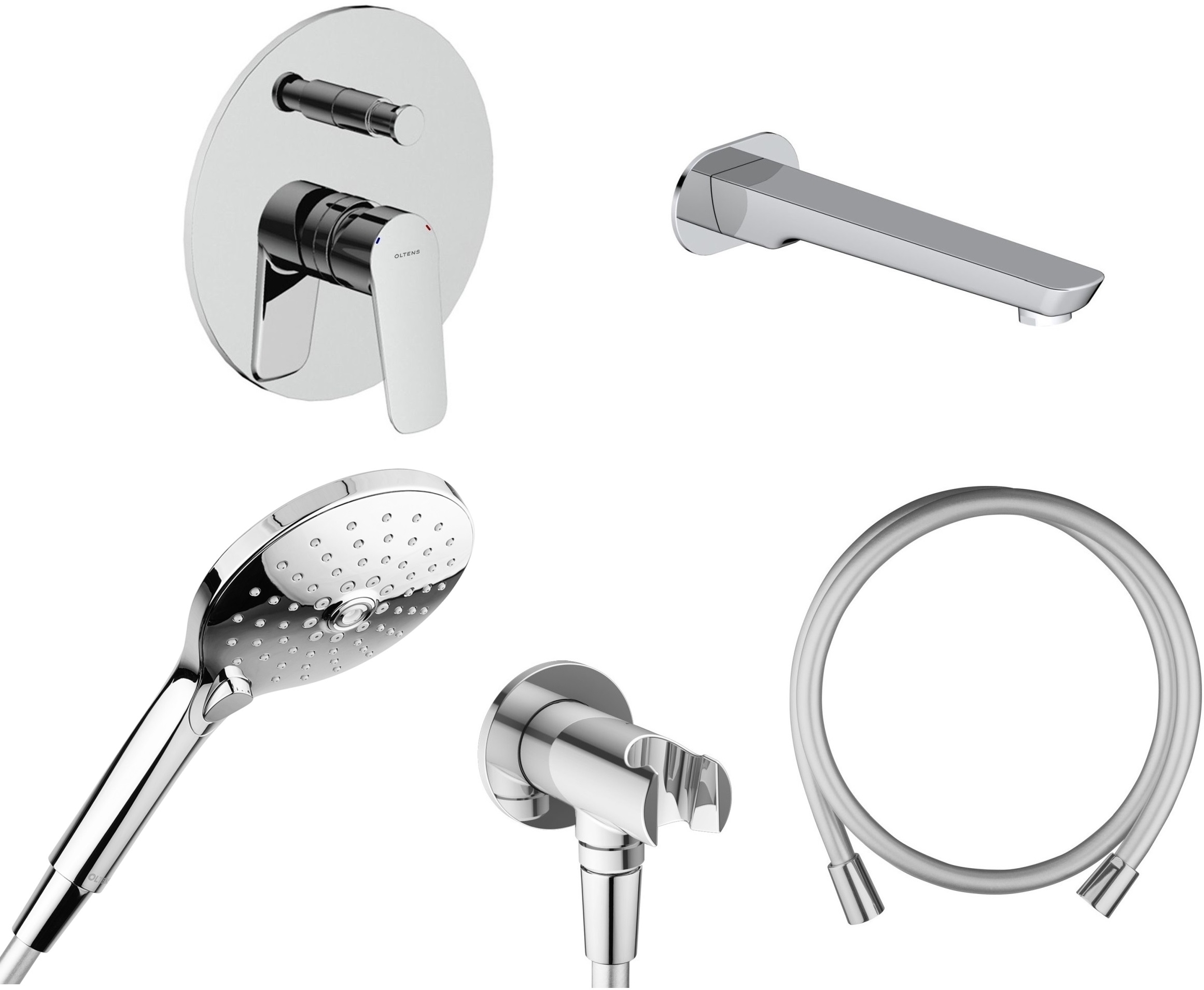 Zestaw Oltens Vernal bateria wannowo-prysznicowa podtynkowa z kompletem natryskowym i wylewką chrom (34104100, 37100100, 39304100, ...