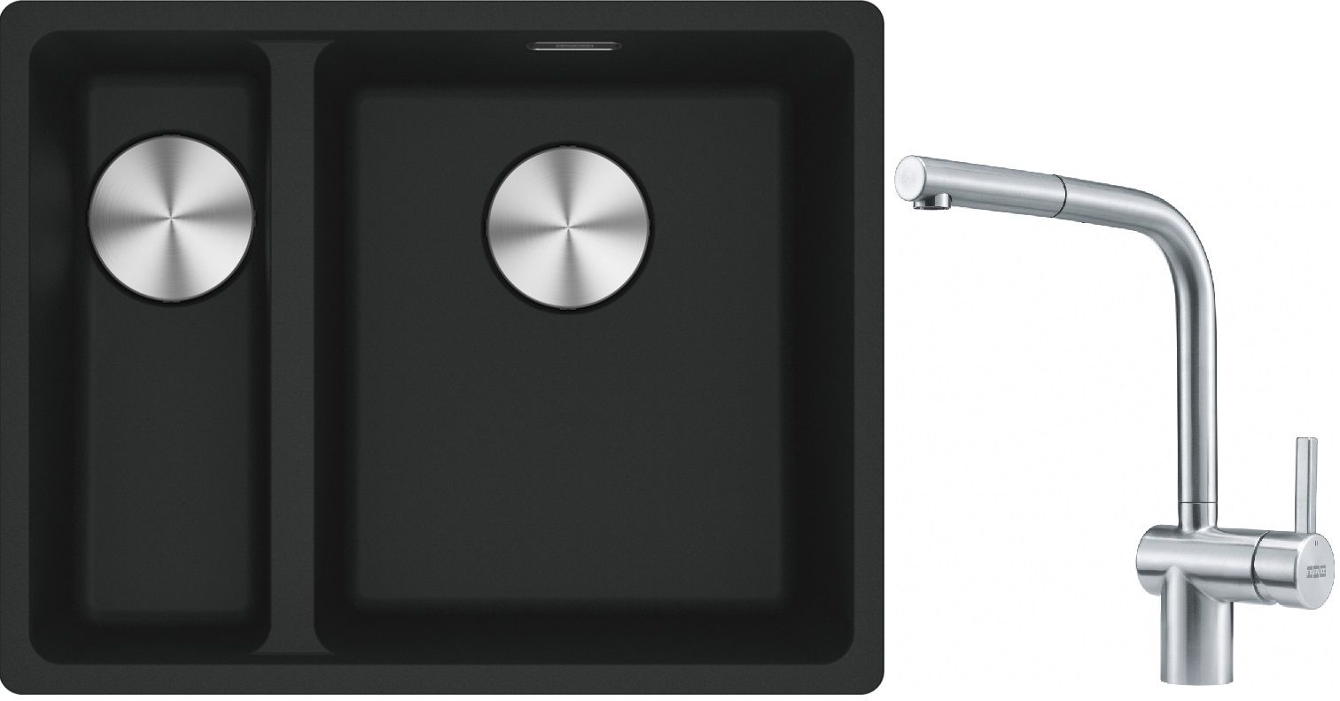 Franke Maris MRG 160-34-15SBL zlewozmywak 52x40 cm Fragranite czarny mat z baterią kuchenną Atlas stal szlachetna (1250687268, 1150521439)