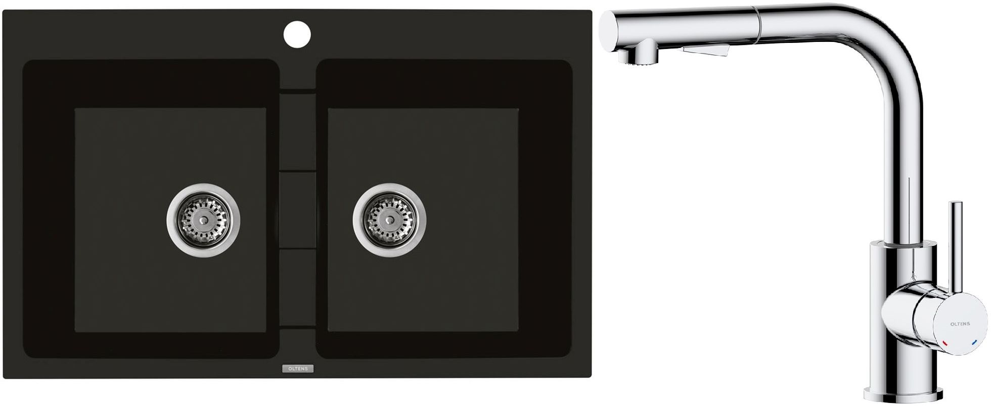 Zestaw Oltens Gravan zlewozmywak granitowy 2-komorowy 78x50 cm z baterią kuchenną Myvat czarny mat/chrom (72400300, 35205100)