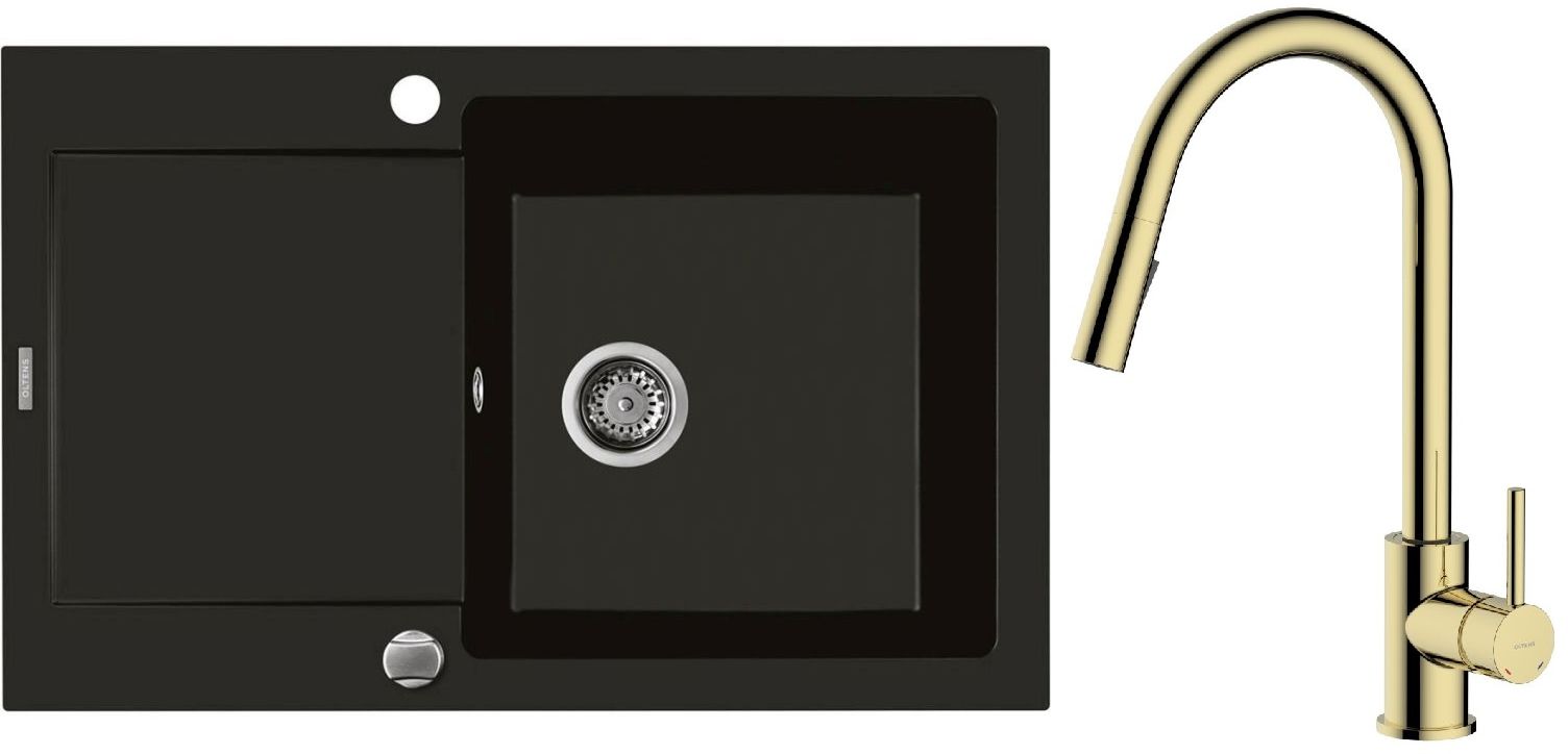 Zestaw Oltens Gravan zlewozmywak granitowy 1-komorowy 79x50 cm z baterią kuchenną Litla czarny mat/złoty połysk (72100300, 35204800) - Wysyłka w 24h