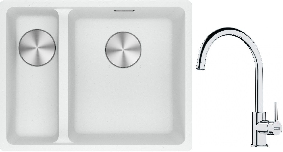 Franke Maris MRG 160-34-15SBL zlewozmywak 52x40 cm Fragranite biały polarny z baterią kuchenną Lina chrom (1250687271, 1150693228)