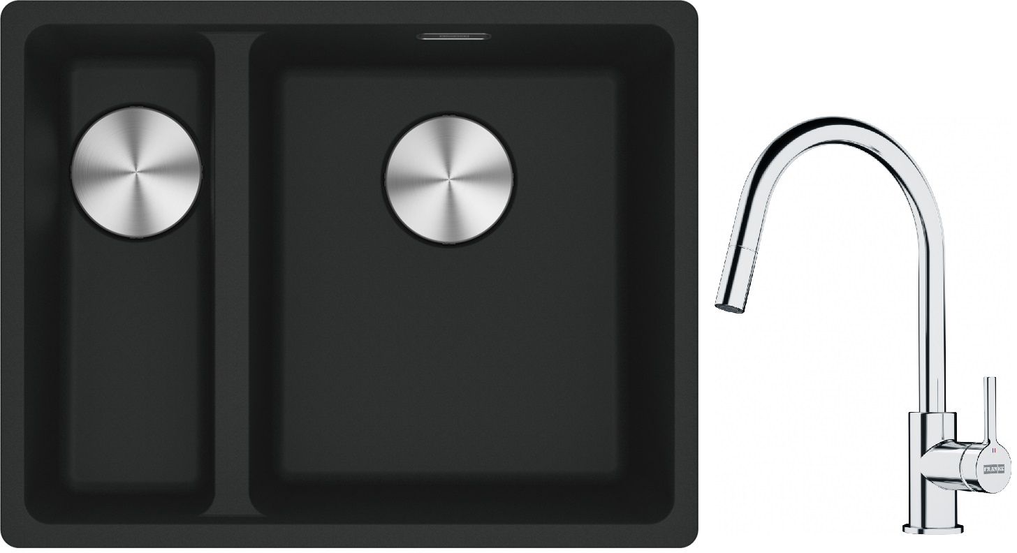 Franke Maris MRG 160-34-15SBL zlewozmywak 52x40 cm Fragranite czarny mat z baterią kuchenną Lina chrom (1250687268, 1150693229)