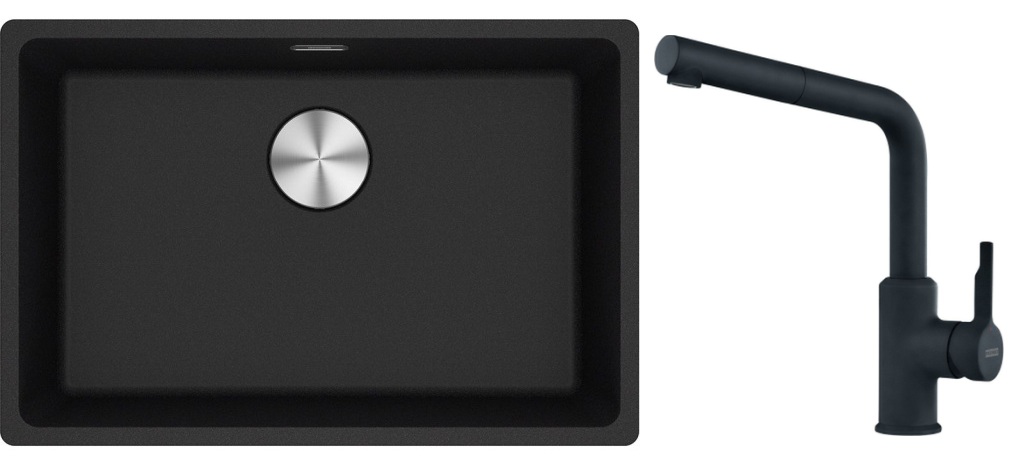 Franke Maris MRG 110-62 zlewozmywak 62x40 cm Fragranite onyx z baterią kuchenną Urban czarny mat (1250687257, 1150627523)