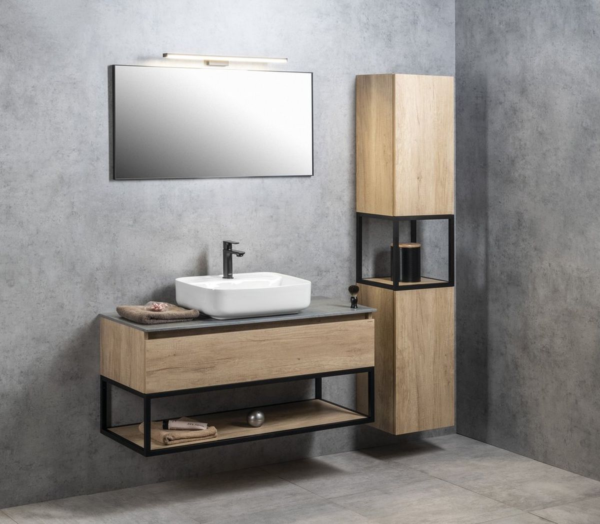 Sapho Skara szafka 171 cm boczna wisząca słupek czarny mat/dąb Alabama CG010-2222