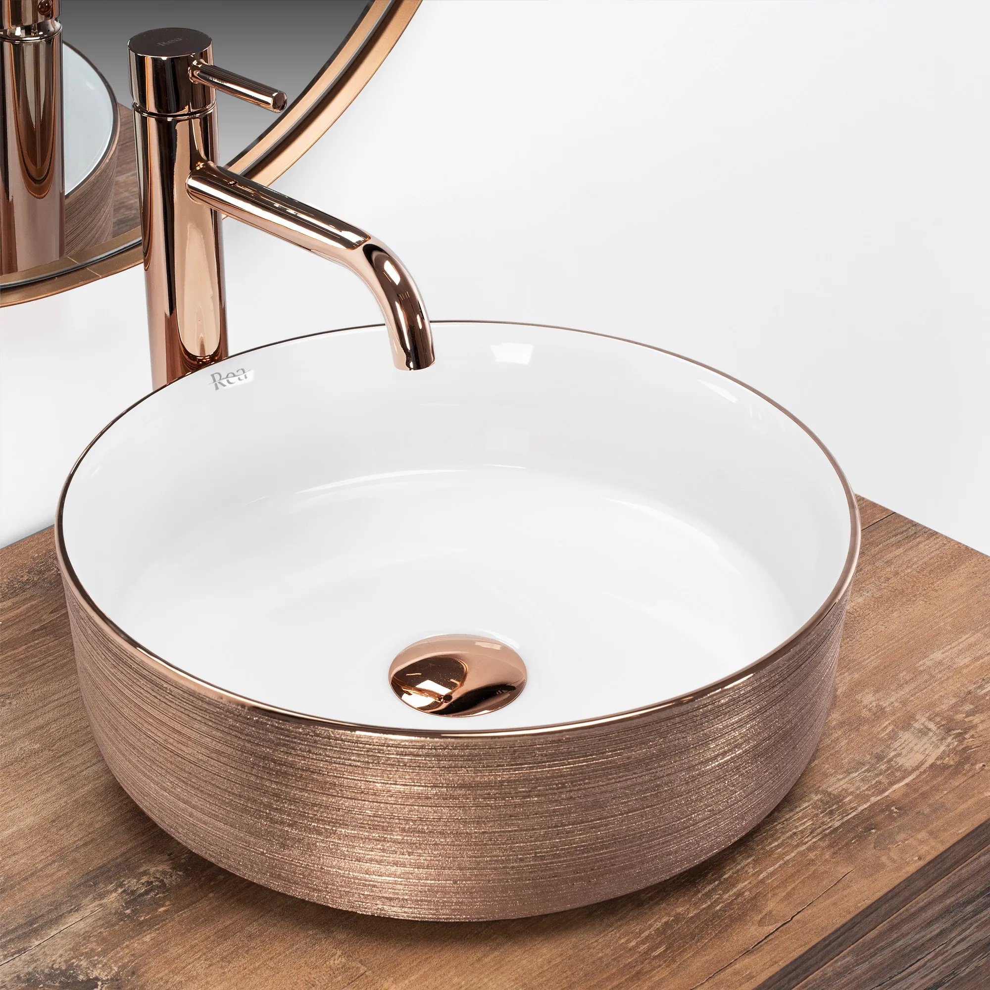Rea Sami umywalka 36x36 cm okrągła nablatowa biała-różowe złoto REA-U3303