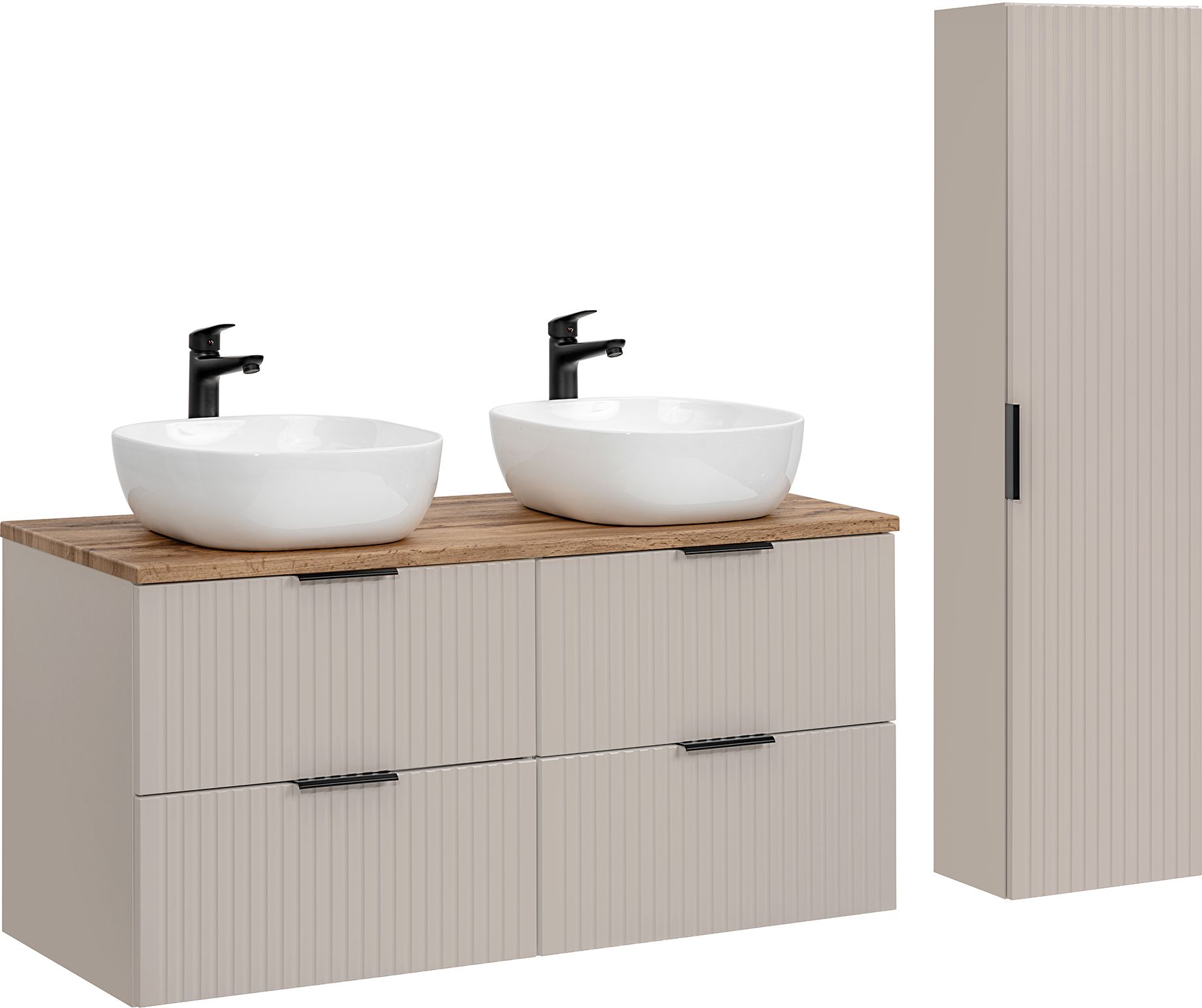 Comad Adel Cashmere zestaw mebli łazienkowych szafka 120 cm podumywalkowa wisząca z umywalkami i szafka wysoka 140 cm boczna kaszmir ...