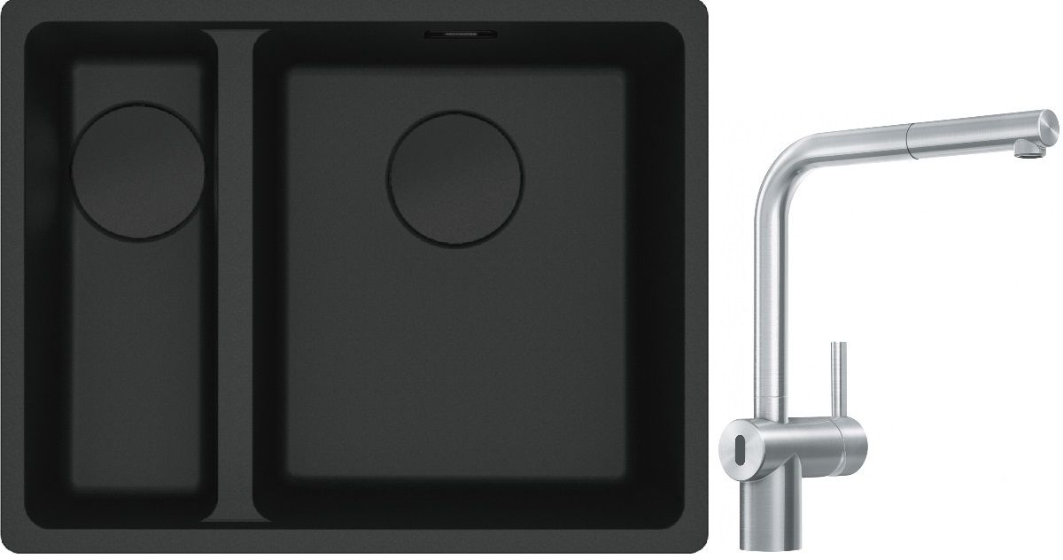 Franke Maris MRG 160-34-15SBL zlewozmywak 52x40 cm Fragranite czarny mat z baterią kuchenną Atlas Neo Sensor stal szlachetna ...