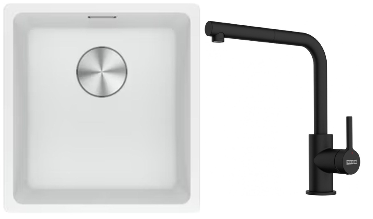 Franke Maris MRG 110-37 zlewozmywak 40x37 cm Fragranite biały polarny z baterią kuchenną Lina czarny mat (1250687251, 1150712435)