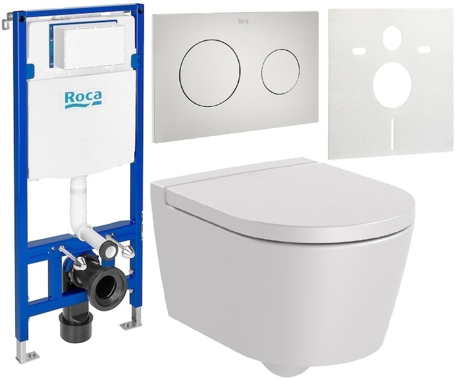 Zestaw Roca Inspira Round Compacto miska WC wisząca Rimless z deską sedesową wolnoopadającą i stelaż podtynkowy Duplo One z ...