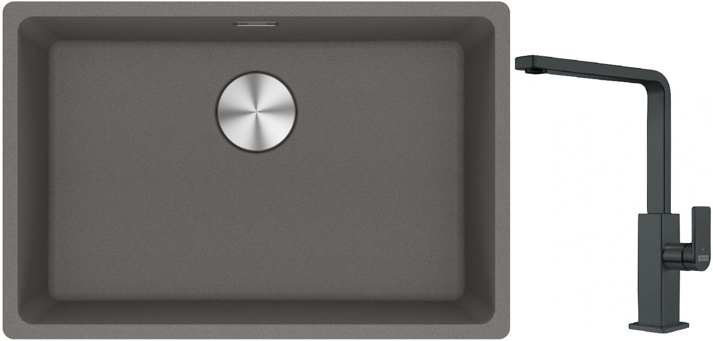 Franke Maris MRG 110-62 zlewozmywak 62x40 cm Fragranite kamienny szary z baterią kuchenną Mythos czarna stal szlachetna (1250687258, ...