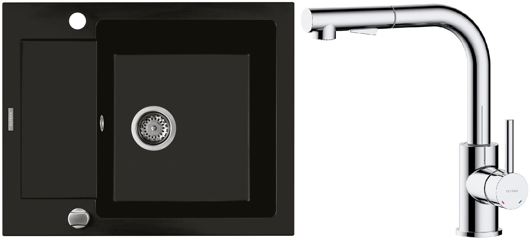 Zestaw Oltens Gravan zlewozmywak granitowy 1-komorowy 62x50 cm z baterią kuchenną Myvat czarny mat/chrom (72102300, 35205100) - Wysyłka w 24h