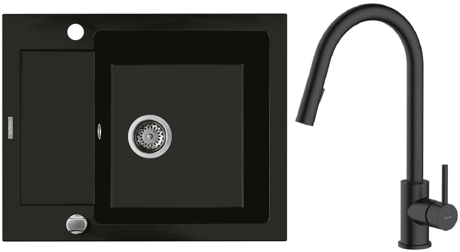 Zestaw Oltens Gravan zlewozmywak granitowy 1-komorowy 62x50 cm z baterią kuchenną Litla czarny mat (72102300, 35204300) - Wysyłka w 24h