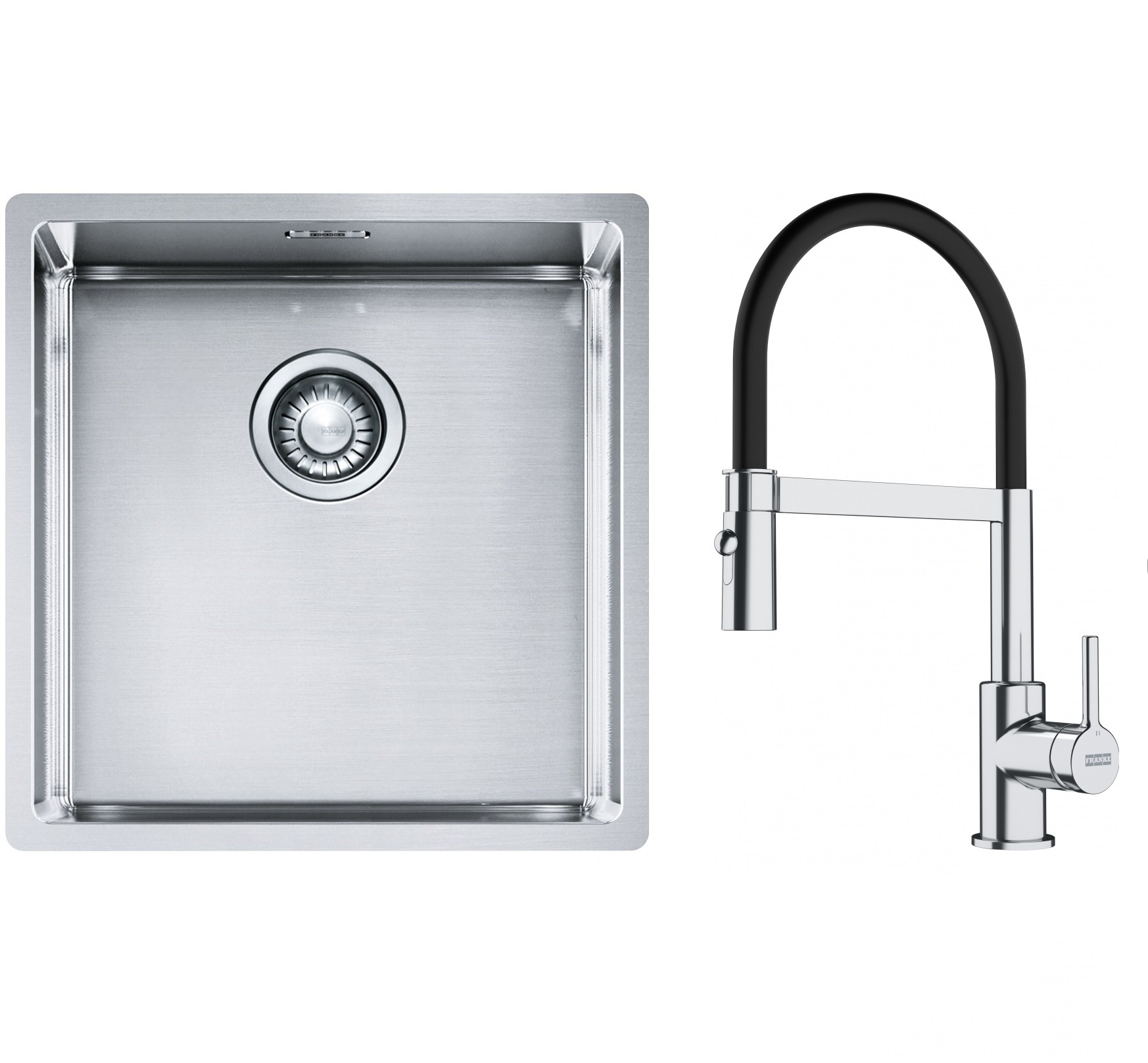 Franke Box BXX 210/110-40 zlewozmywak 45x44 cm stalowy z baterią kuchenną Lina chrom/czarny (1270453654, 1150626085)