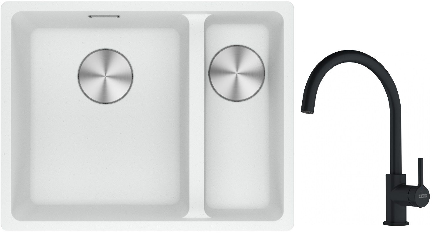 Franke Maris MRG 160-34-15SBR zlewozmywak 52x40 cm Fragranite biały polarny z baterią kuchenną Lina czarny mat (1250687267, 1150626019)