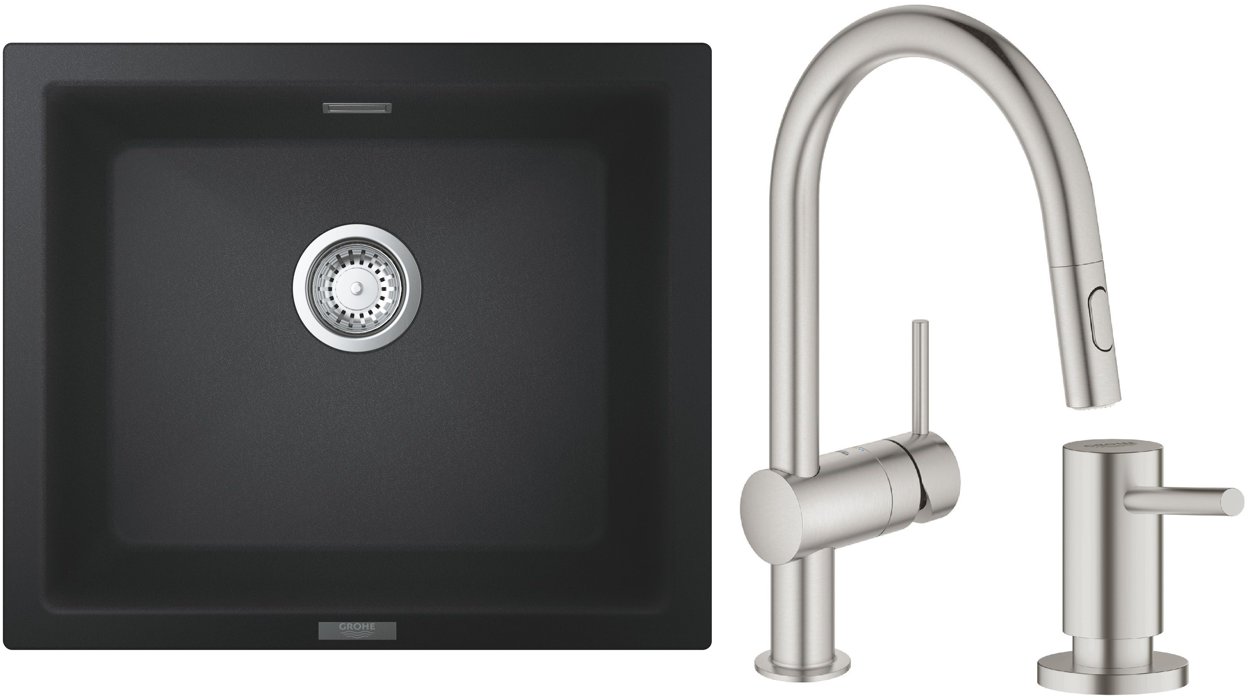 Zestaw Grohe K700 zlewozmywak granitowy 53,3x45,7 cm z baterią kuchenną Minta i dozownikiem Cosmopolitan (31654AP0, 32321DC2, 40535DC0)