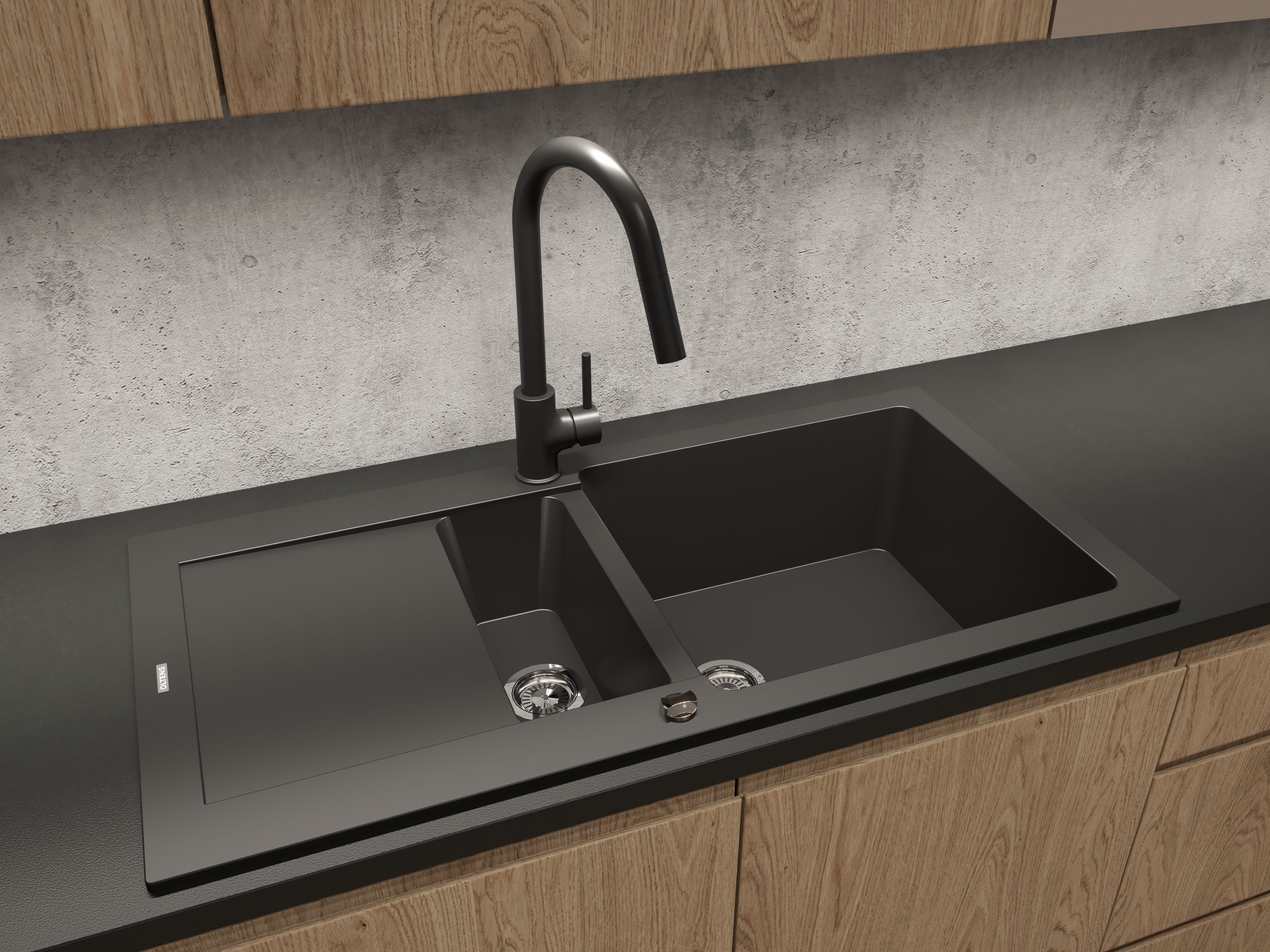 Zestaw Oltens Gravan zlewozmywak granitowy 1,5-komorowy 100x50 cm z baterią kuchenną Litla czarny mat (72300300, 35204300) - Wysyłka w 24h