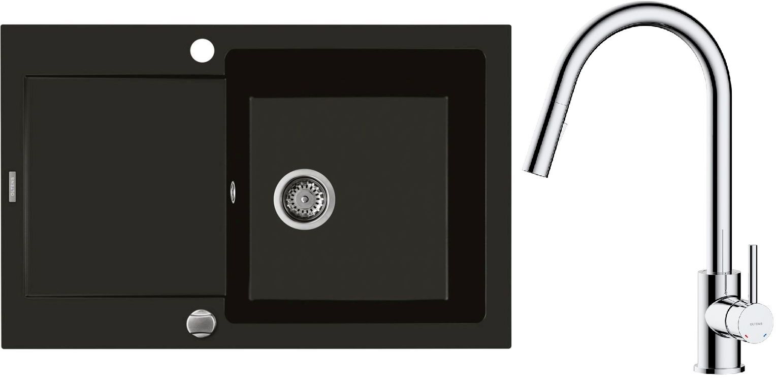 Zestaw Oltens Gravan zlewozmywak granitowy 1-komorowy 79x50 cm z baterią kuchenną Litla czarny mat/chrom (72100300, 35204100) - Wysyłka w 24h