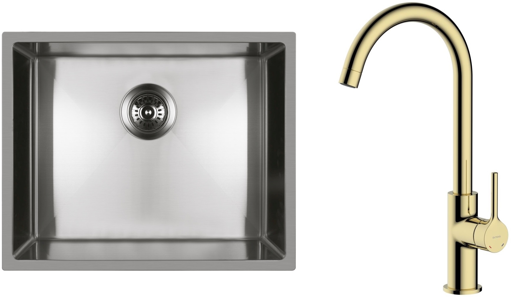 Zestaw Oltens Stalvask zlewozmywak stalowy 54x44 cm z baterią kuchenną Skafta stal polerowana/złoty połysk (71101100, 35206800) - Wysyłka w 24h