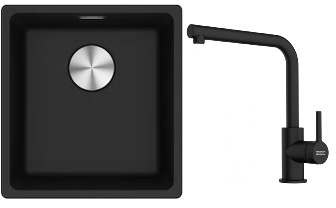 Franke Maris MRG 110-37 zlewozmywak 40x37 cm Fragranite onyx z baterią kuchenną Lina czarny mat (1250687249, 1150712435)