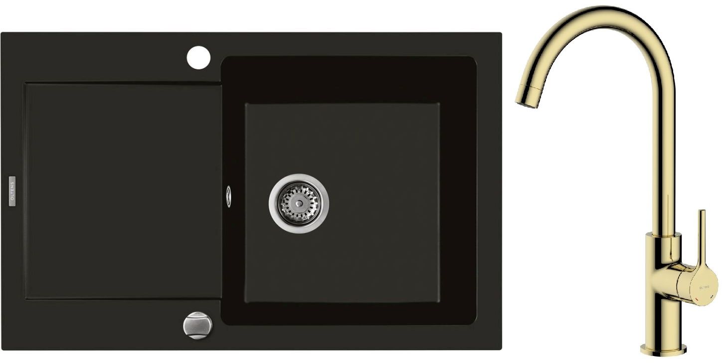 Zestaw Oltens Gravan zlewozmywak granitowy 1-komorowy 79x50 cm z baterią kuchenną Skafta czarny mat/złoty połysk (72100300, 35206800) - Wysyłka w 24h