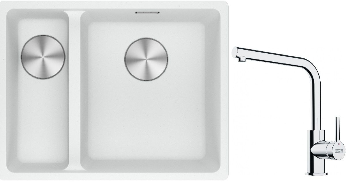 Franke Maris MRG 160-34-15SBL zlewozmywak 52x40 cm Fragranite biały polarny z baterią kuchenną Lina chrom (1250687271, 1150693230)
