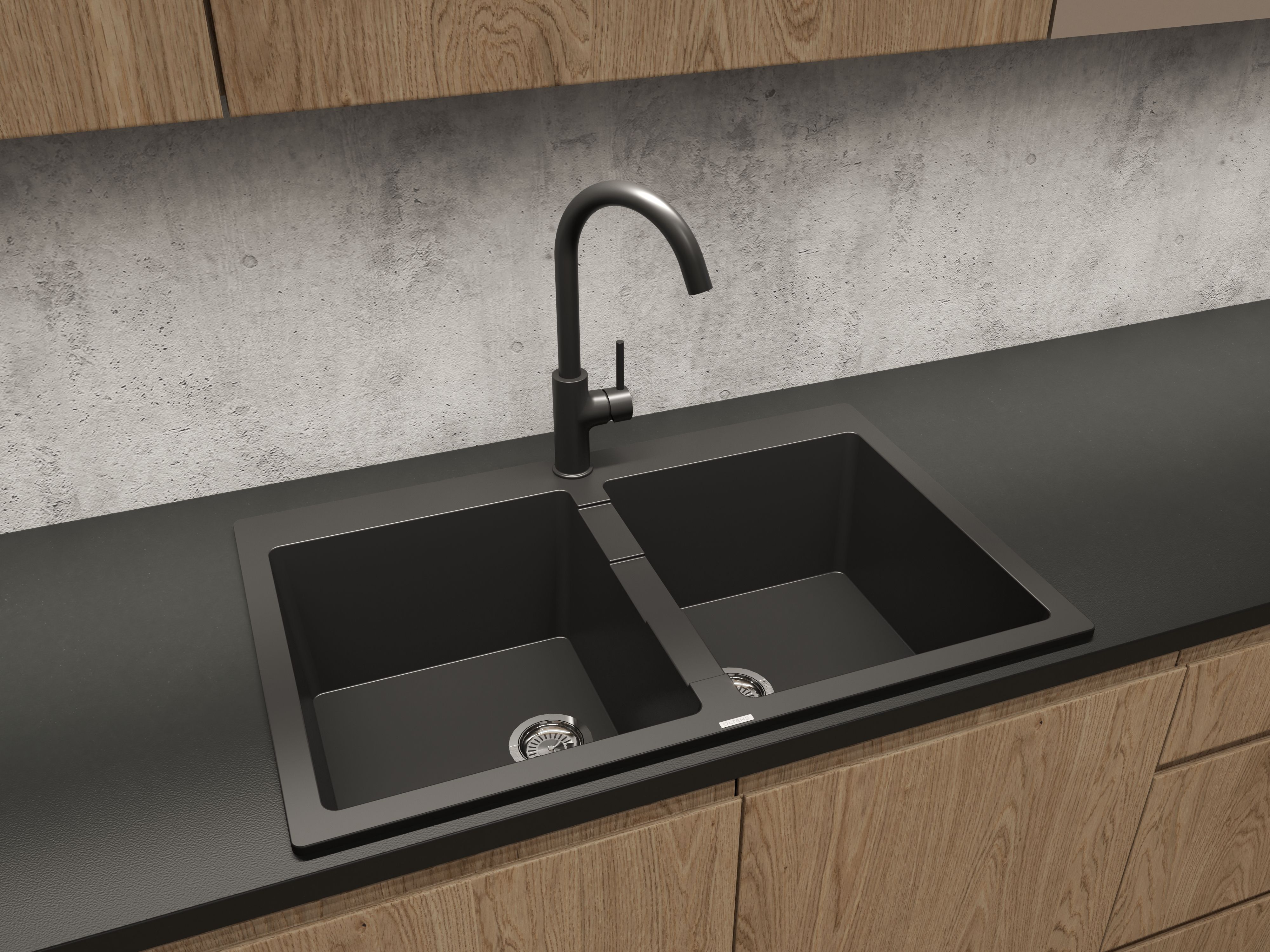 Zestaw Oltens Gravan zlewozmywak granitowy 2-komorowy 78x50 cm z baterią kuchenną Skafta czarny mat (72400300, 35206300)