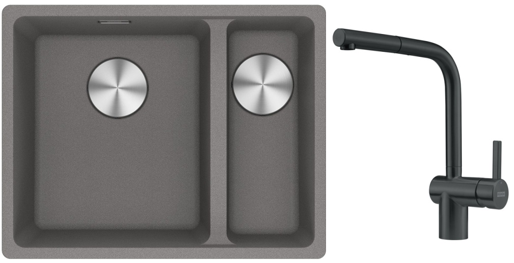 Franke Maris MRG 160-34-15SBR zlewozmywak 52x40 cm Fragranite kamienny szary z baterią kuchenną Atlas czarna stal szlachetna (1250687266, ...
