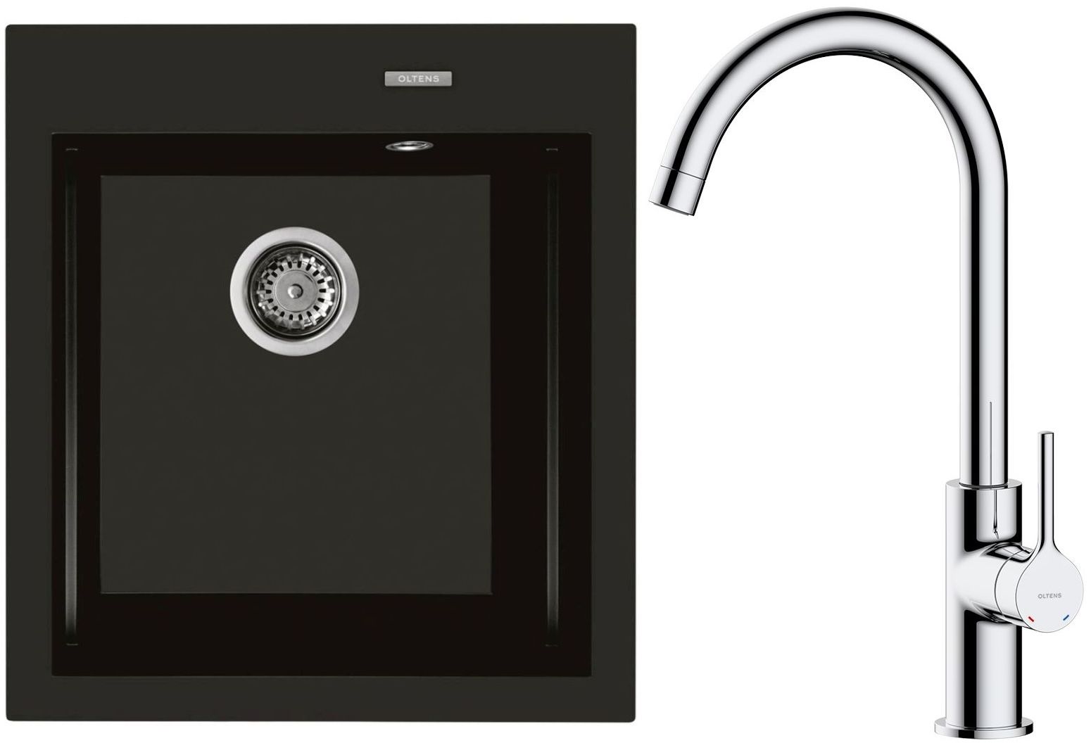 Zestaw Oltens Gravan zlewozmywak granitowy 1-komorowy 47x51,5 cm z baterią kuchenną Skafta czarny mat/chrom (72001300, 35206100) - Wysyłka w 24h