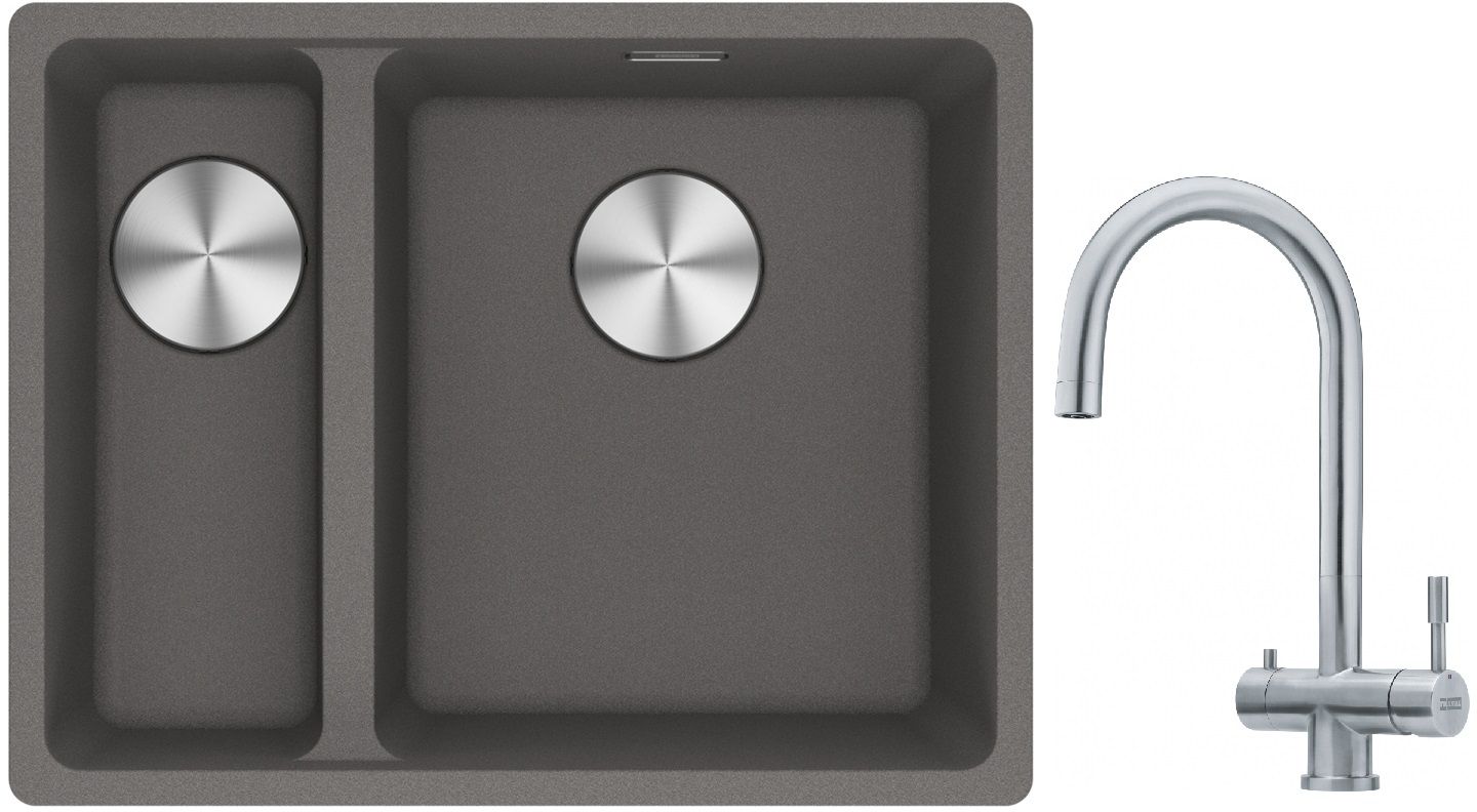 Franke Maris MRG 160-34-15SBL zlewozmywak 52x40 cm Fragranite kamienny szary z baterią kuchenną Eos stal szlachetna (1250687270, ...