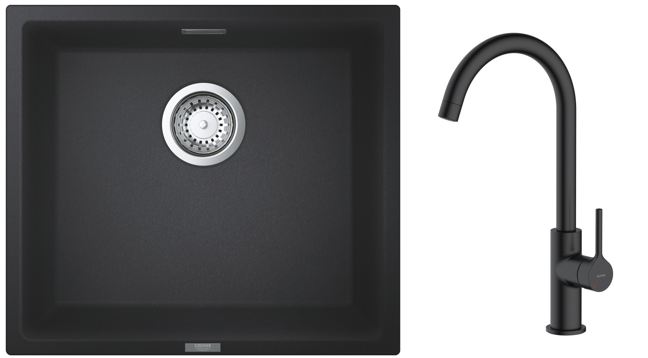 Zestaw Grohe K700 zlewozmywak granitowy 45,7x40,6 cm z baterią kuchenną Oltens Skafta czarny granit/czarny mat (35206300, 31653AP0) - Wysyłka w 24h